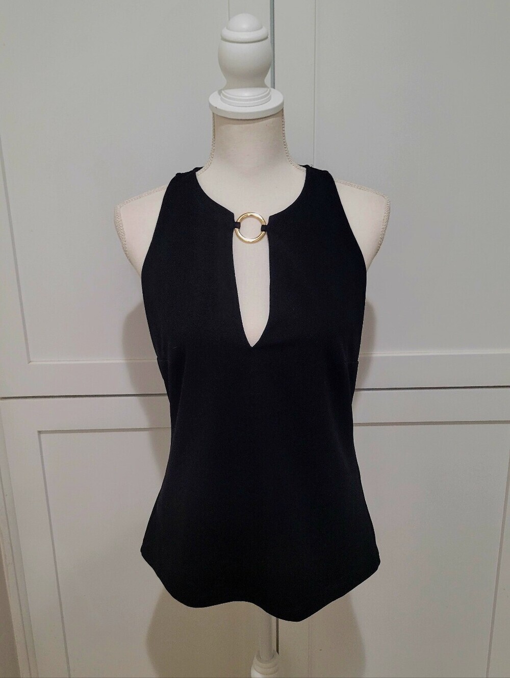 INC International Concepts Black Halter Tank with Gold Ring | Size Large